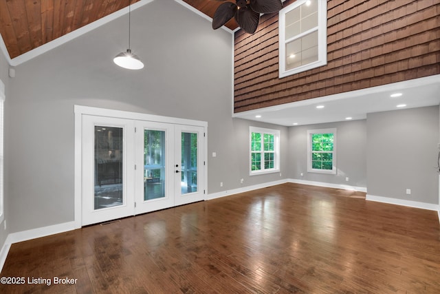 170 Moutardier Woods Way, Leitchfield, KY 42754 - unfurnished living room featuring high vaulted ceiling, ceiling fan, baseboards, wood finished floors, and french doors