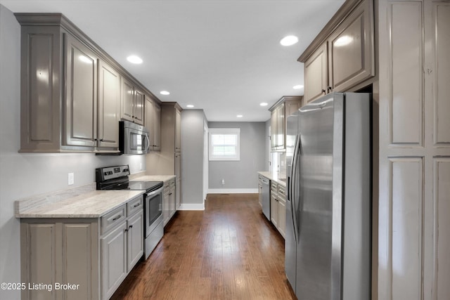 170 Moutardier Woods Way, Leitchfield, KY 42754 - kitchen with stainless steel appliances, baseboards, recessed lighting, dark wood finished floors, and light stone countertops