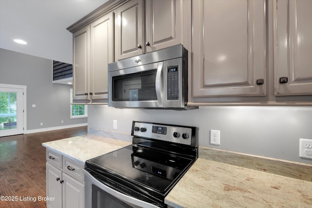 170 Moutardier Woods Way, Leitchfield, KY 42754 - kitchen with stainless steel appliances, dark wood-type flooring, baseboards, recessed lighting, and light stone countertops