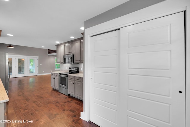 170 Moutardier Woods Way, Leitchfield, KY 42754 - kitchen featuring stainless steel appliances, gray cabinets, recessed lighting, dark wood-style flooring, and french doors
