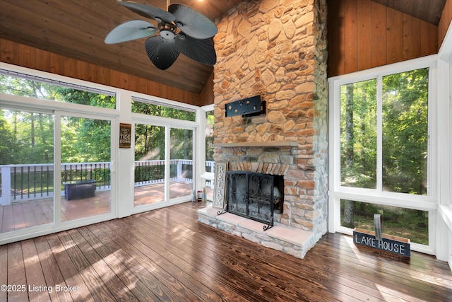 170 Moutardier Woods Way, Leitchfield, KY 42754 - unfurnished sunroom featuring wooden ceiling, a wooden deck, high vaulted ceiling, and wood-type flooring