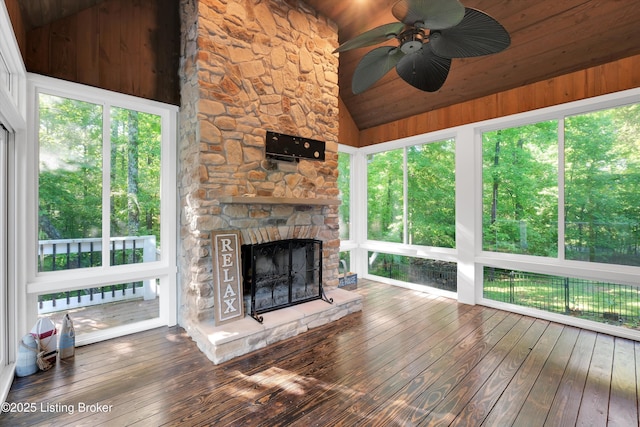 170 Moutardier Woods Way, Leitchfield, KY 42754 - unfurnished sunroom with wood-type flooring, wooden ceiling, high vaulted ceiling, and a deck