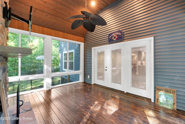 170 Moutardier Woods Way, Leitchfield, KY 42754 - unfurnished sunroom featuring lofted ceiling, hardwood / wood-style floors, wood walls, wood ceiling, and french doors