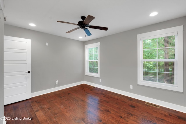 170 Moutardier Woods Way, Leitchfield, KY 42754 - unfurnished room featuring dark wood finished floors, recessed lighting, baseboards, and a ceiling fan