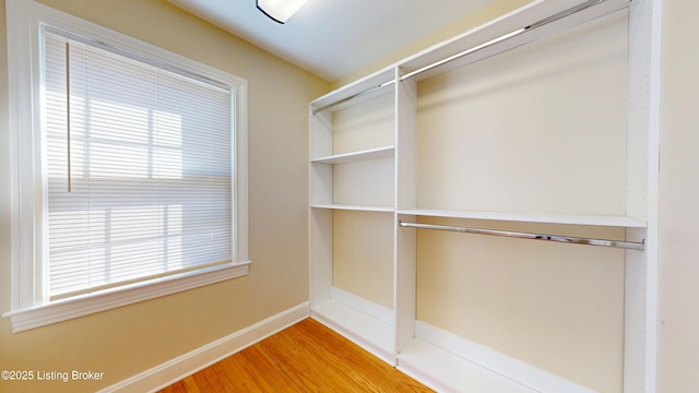 walk in closet with light wood finished floors