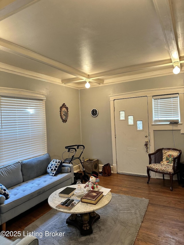 living room with crown molding, dark wood finished floors, and beam ceiling