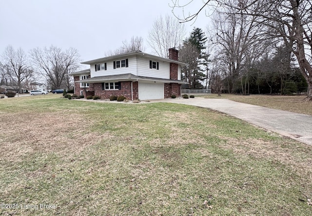 view of front of house featuring a garage, brick siding, driveway, a chimney, and a front yard