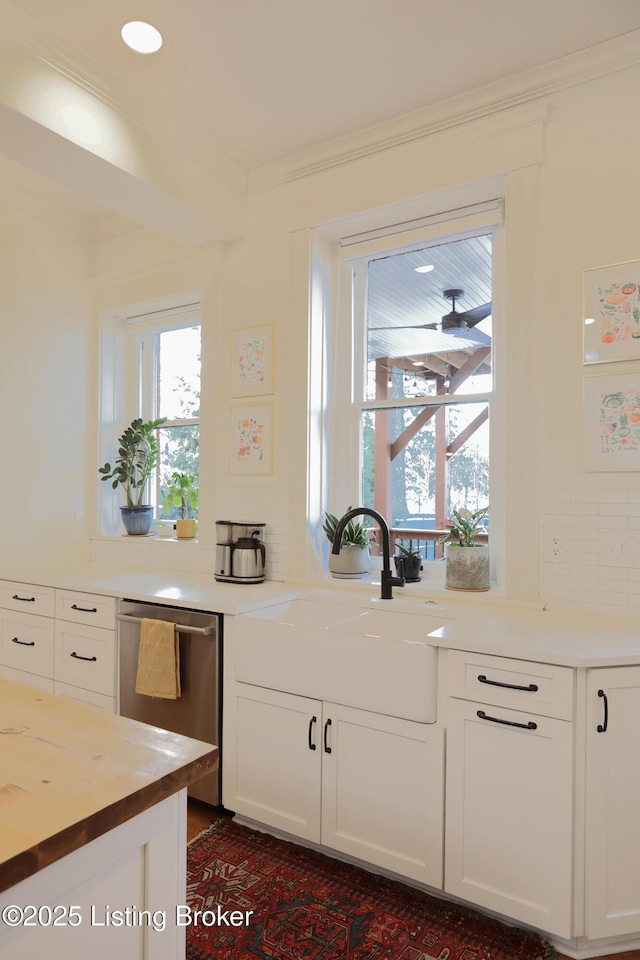 kitchen with crown molding, tasteful backsplash, white cabinetry, a sink, and dishwasher