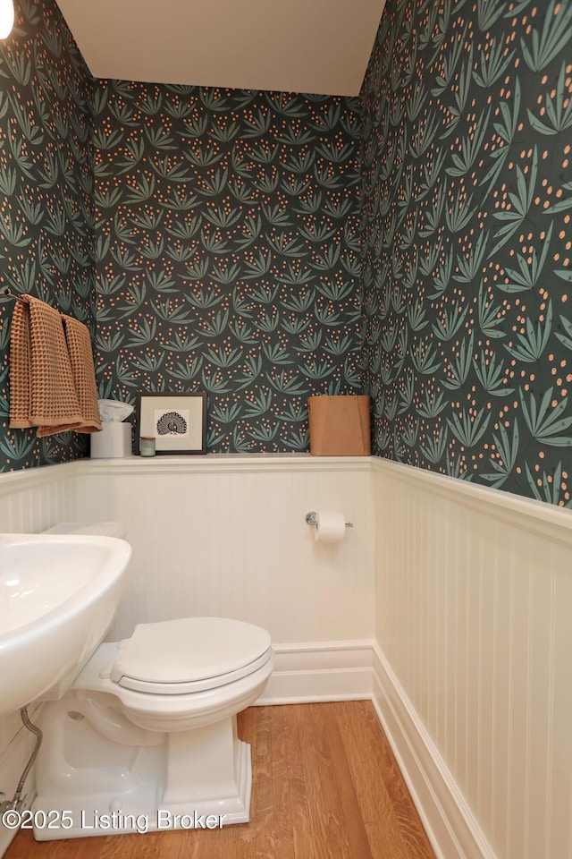 bathroom with wainscoting, a sink, toilet, and wood finished floors