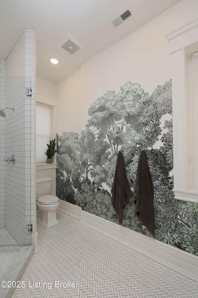 full bathroom with tile patterned flooring, toilet, recessed lighting, visible vents, and a shower stall