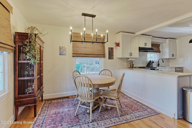 dining space with light wood-type flooring, baseboards, and a wealth of natural light