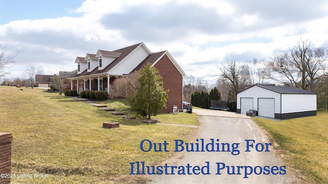 view of side of home featuring a garage, brick siding, a lawn, and an outdoor structure