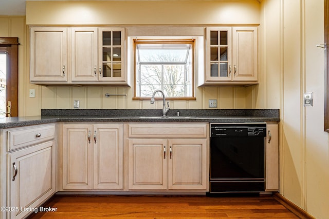 kitchen with black dishwasher, wood finished floors, dark countertops, and a sink