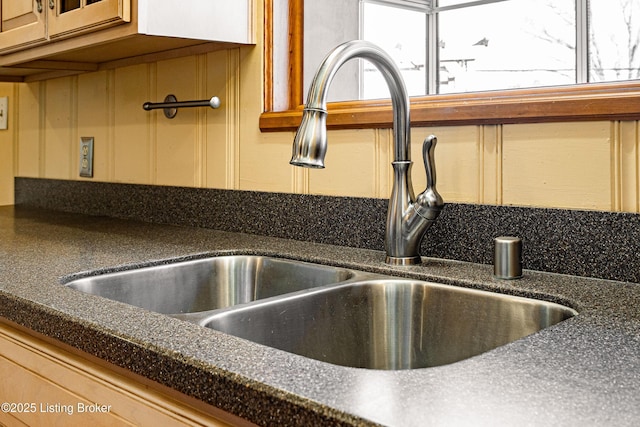 details with dark countertops and a sink