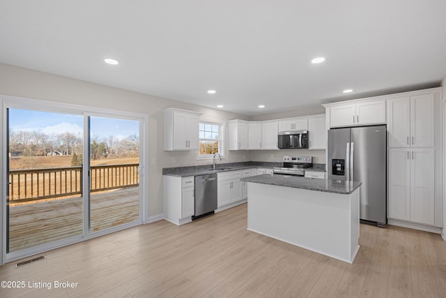 kitchen featuring stainless steel appliances, visible vents, white cabinets, a sink, and a kitchen island