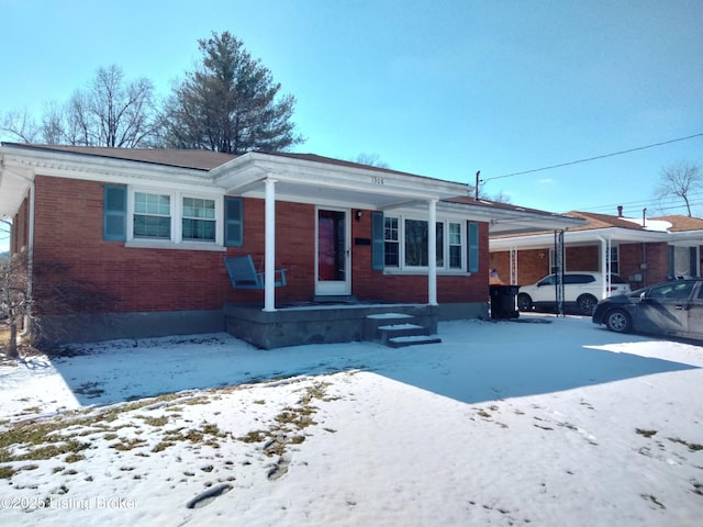 view of front of property featuring driveway, an attached carport, and brick siding