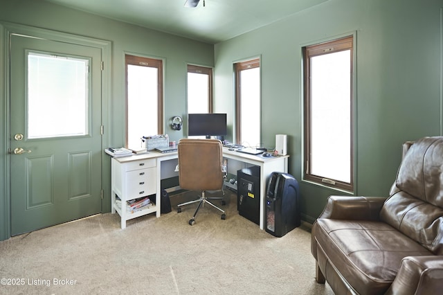 office space with light colored carpet