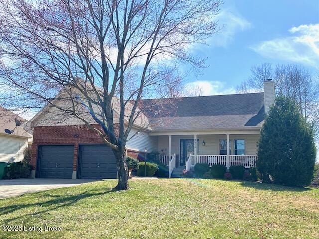 single story home with driveway, a front lawn, a porch, an attached garage, and a chimney