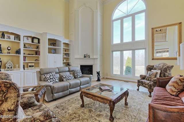 living area featuring a high ceiling, a fireplace, and light wood-style flooring