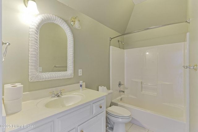 full bathroom featuring toilet, vanity, vaulted ceiling, tile patterned floors, and washtub / shower combination