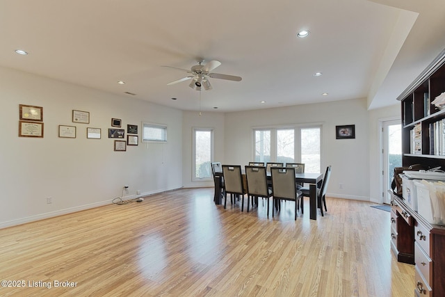 dining area with recessed lighting, plenty of natural light, and light wood finished floors