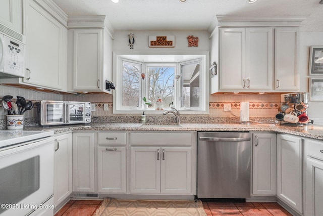 950 Lakeview Dr, Bloomfield, KY 40008 - kitchen featuring visible vents, light stone countertops, decorative backsplash, white appliances, and a sink