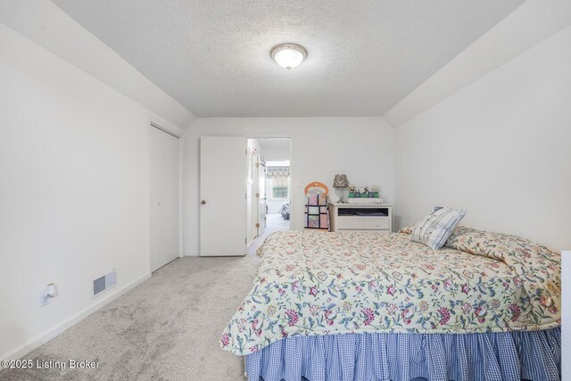 950 Lakeview Dr, Bloomfield, KY 40008 - carpeted bedroom with vaulted ceiling, baseboards, visible vents, and a textured ceiling