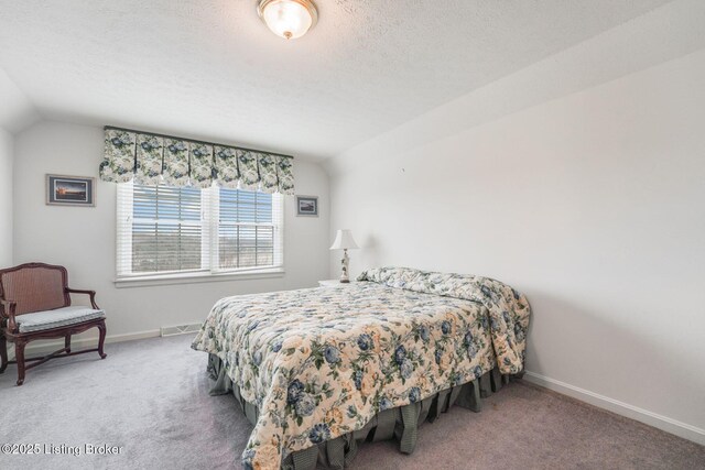 950 Lakeview Dr, Bloomfield, KY 40008 - bedroom with visible vents, baseboards, vaulted ceiling, carpet flooring, and a textured ceiling