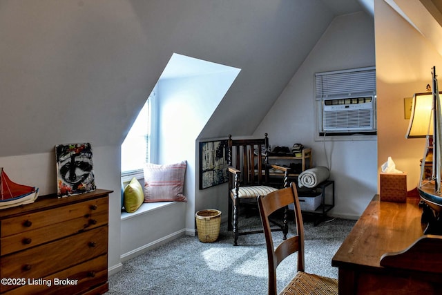 bedroom with carpet floors, baseboards, cooling unit, and lofted ceiling