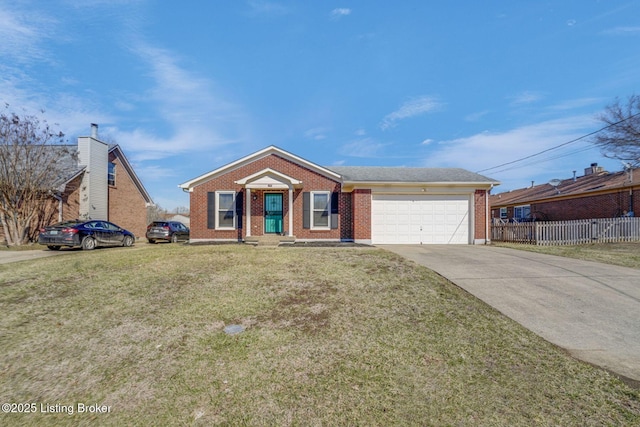 view of front of property featuring concrete driveway, an attached garage, fence, a front lawn, and brick siding