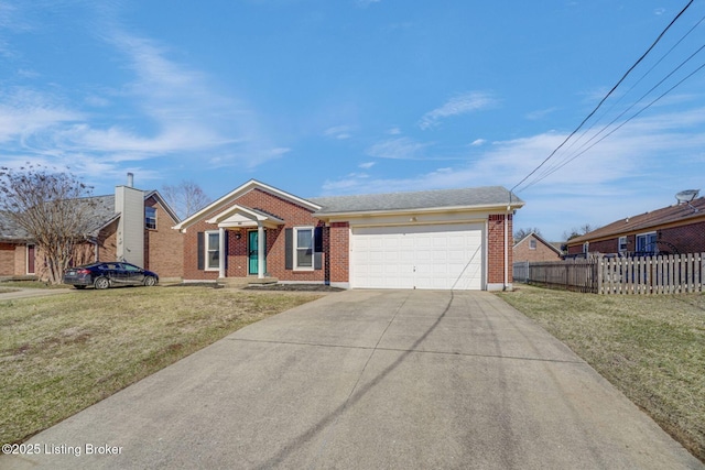 ranch-style home with a garage, brick siding, a front yard, and fence