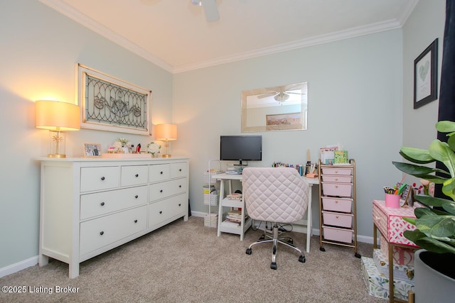 office featuring ornamental molding, light colored carpet, ceiling fan, and baseboards