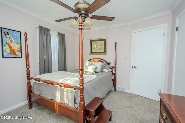 bedroom featuring carpet, visible vents, and crown molding