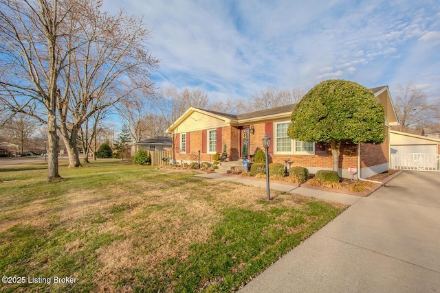 view of front of home featuring an outdoor structure, fence, a front lawn, and brick siding