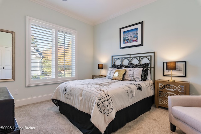 bedroom with light carpet, baseboards, and crown molding