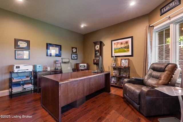 office space featuring baseboards, dark wood-style flooring, and recessed lighting