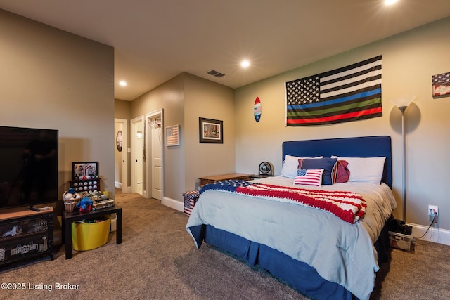 bedroom with carpet, visible vents, baseboards, and recessed lighting