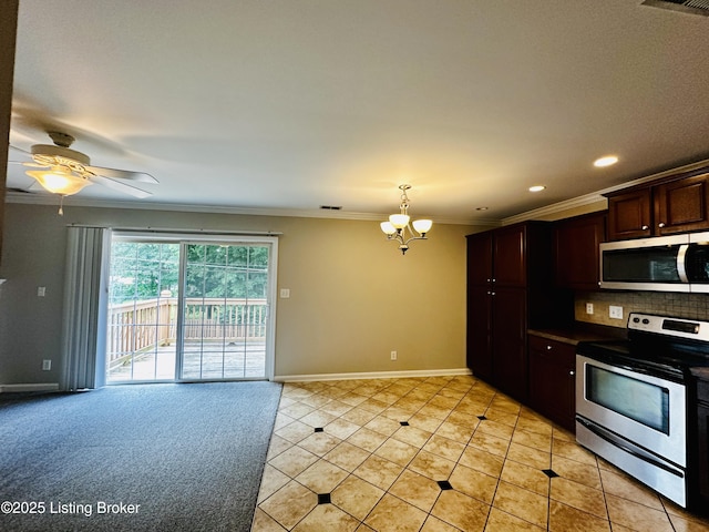 743 N Hite Ave Unit 4, Louisville, KY 40206 - kitchen with appliances with stainless steel finishes, crown molding, baseboards, a chandelier, and decorative backsplash