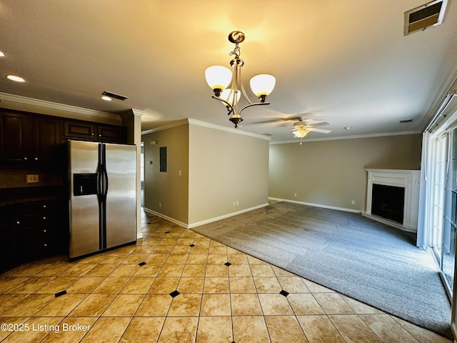 743 N Hite Ave Unit 4, Louisville, KY 40206 - kitchen featuring stainless steel refrigerator with ice dispenser, light colored carpet, light tile patterned flooring, baseboards, and crown molding