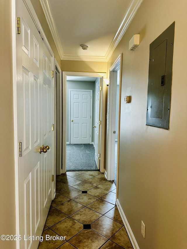 743 N Hite Ave Unit 4, Louisville, KY 40206 - hallway with electric panel, baseboards, dark tile patterned floors, crown molding, and dark colored carpet