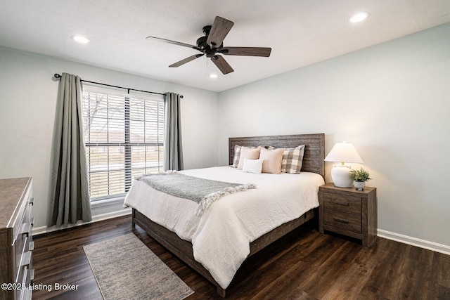 bedroom with dark wood-style floors, ceiling fan, baseboards, and recessed lighting