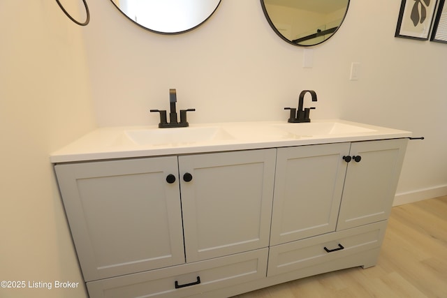 full bathroom featuring double vanity, a sink, and wood finished floors