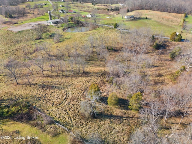 bird's eye view featuring a rural view and a water view