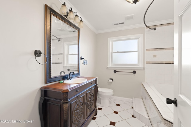 bathroom with baseboards, visible vents, ornamental molding, tiled shower / bath combo, and vanity