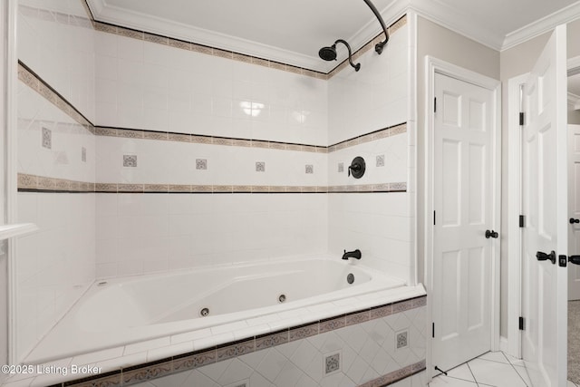 bathroom with tile patterned flooring, a combined bath / shower with jetted tub, and crown molding