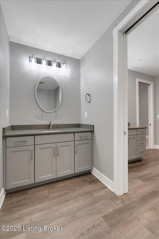 bathroom featuring wood finished floors, vanity, and baseboards