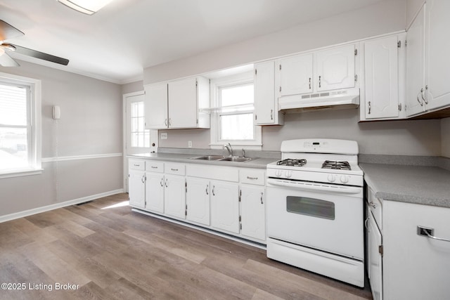 kitchen featuring white cabinetry, gas range gas stove, under cabinet range hood, and a sink