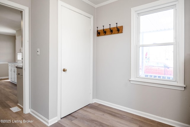 mudroom featuring baseboards, ornamental molding, and light wood finished floors