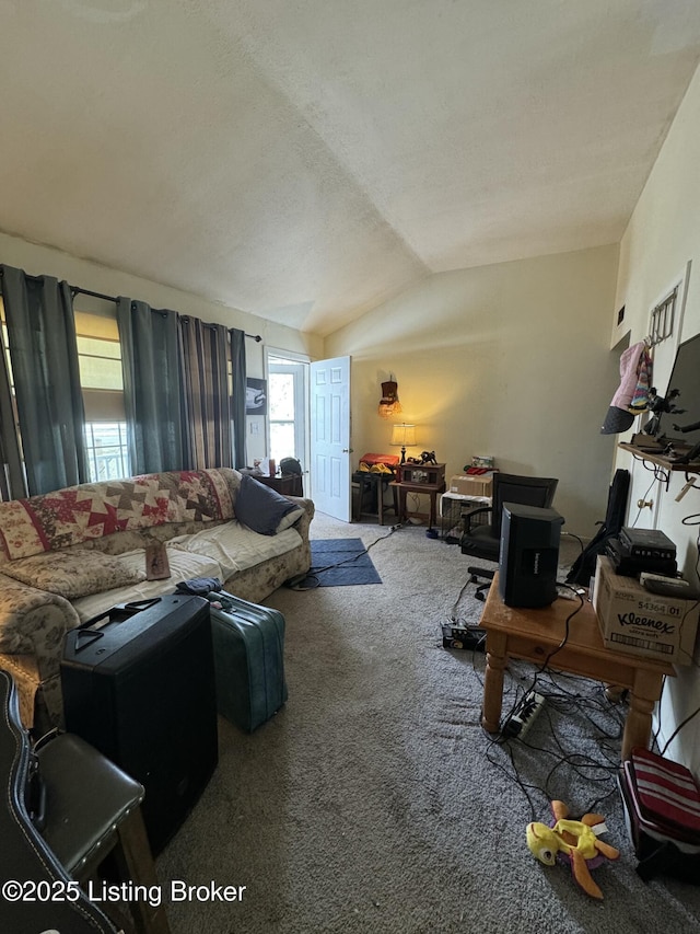 living room featuring carpet and vaulted ceiling