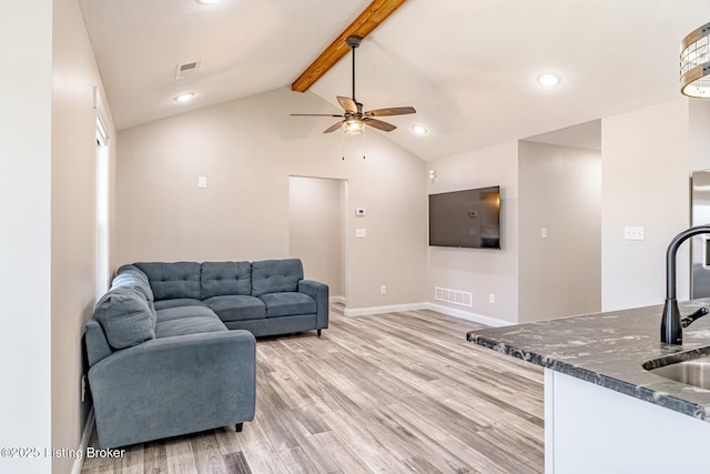 living area featuring lofted ceiling with beams, recessed lighting, visible vents, and light wood-style floors